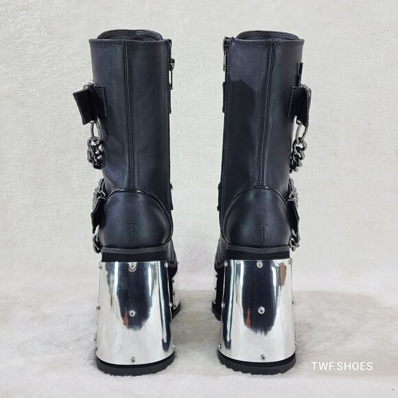 Camel Demonia Goth Punk Mid Calf Platform Boots Skeleton Hands Chains - Picture 6 of 9